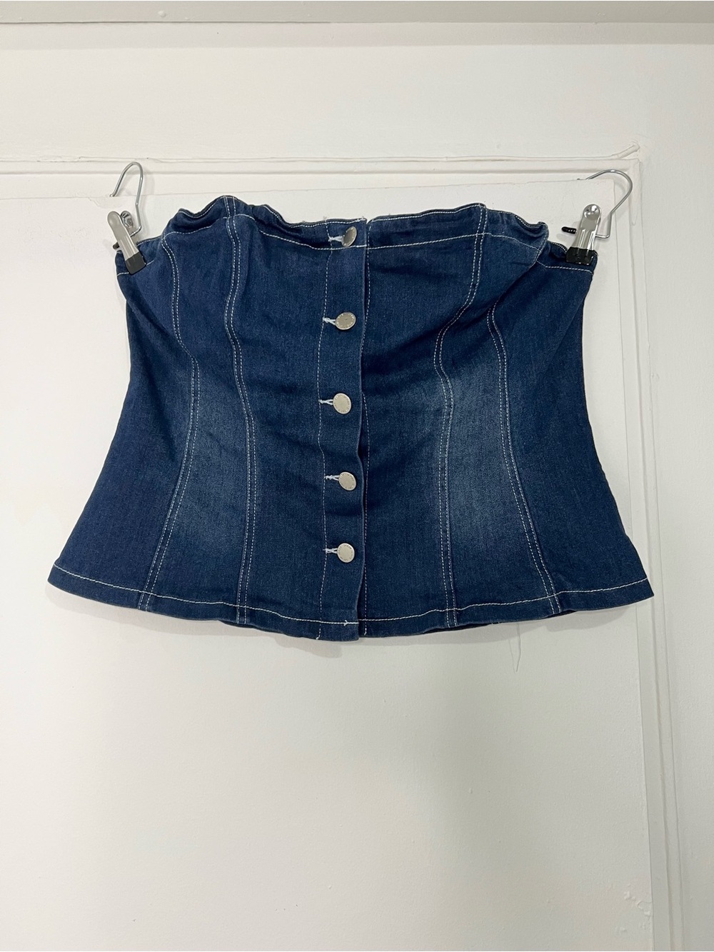 Y2K Denim Corset Tube Top Strapless Button Front Bustier Blue Jean Top